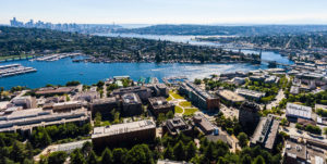 An arial view of UW's south campus and the Lake Union cut.